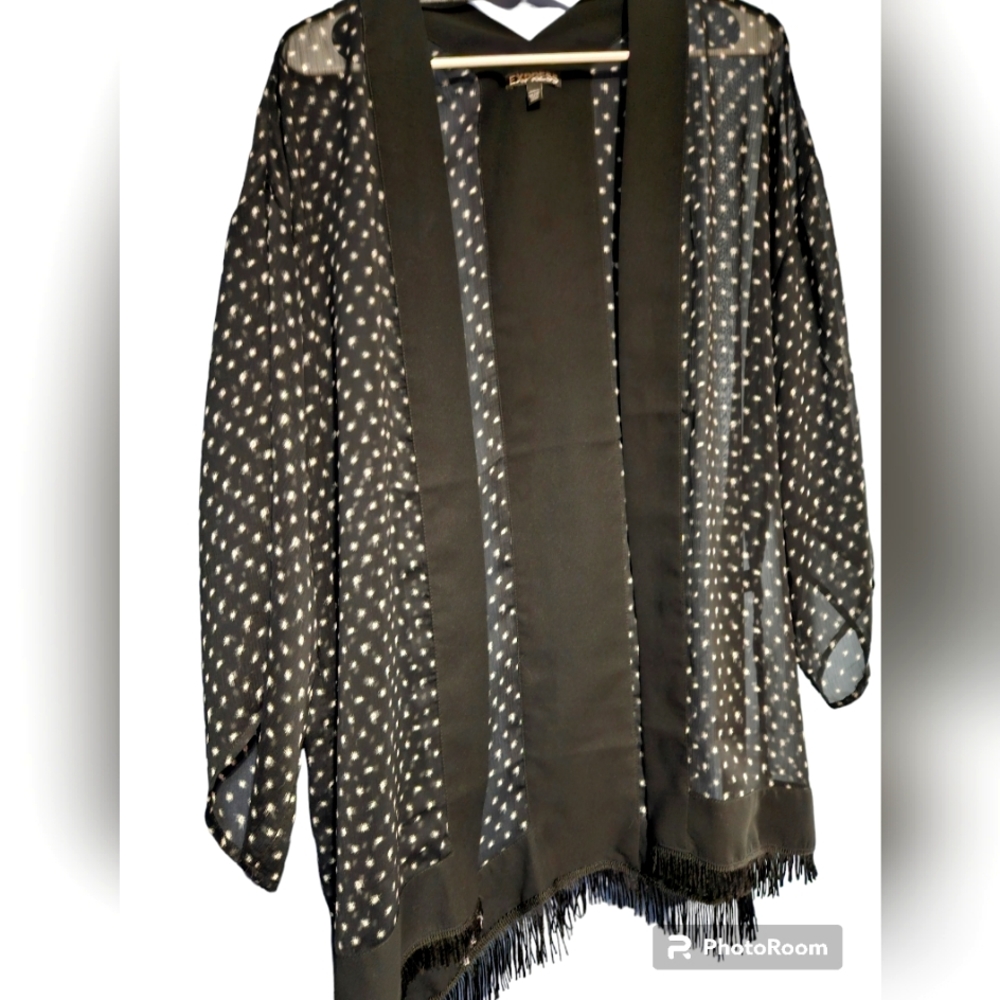 Express Black Overlay. Open Front OS Sheer With Fringe.